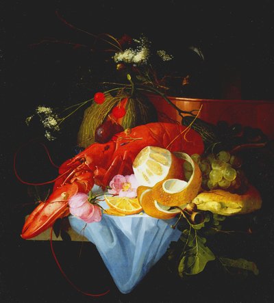 A Still Life with Lobster, Lemon and Grapes by Elias van den Broeck